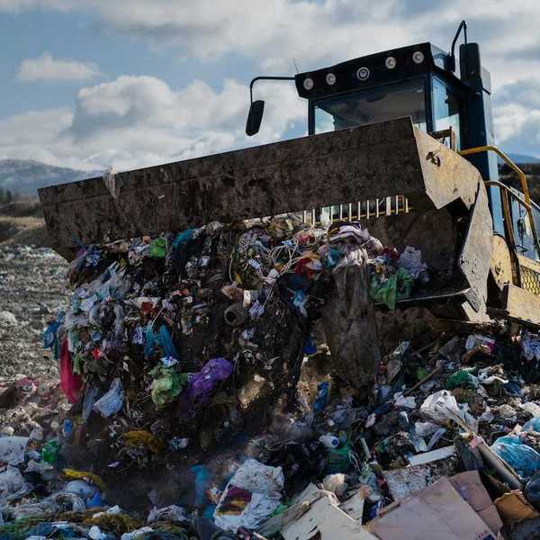 Yellow machine grading trash at landfill