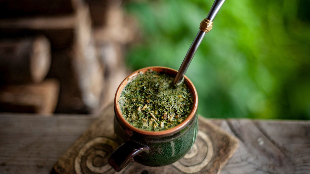 yerba mate in a cup with metal straw.